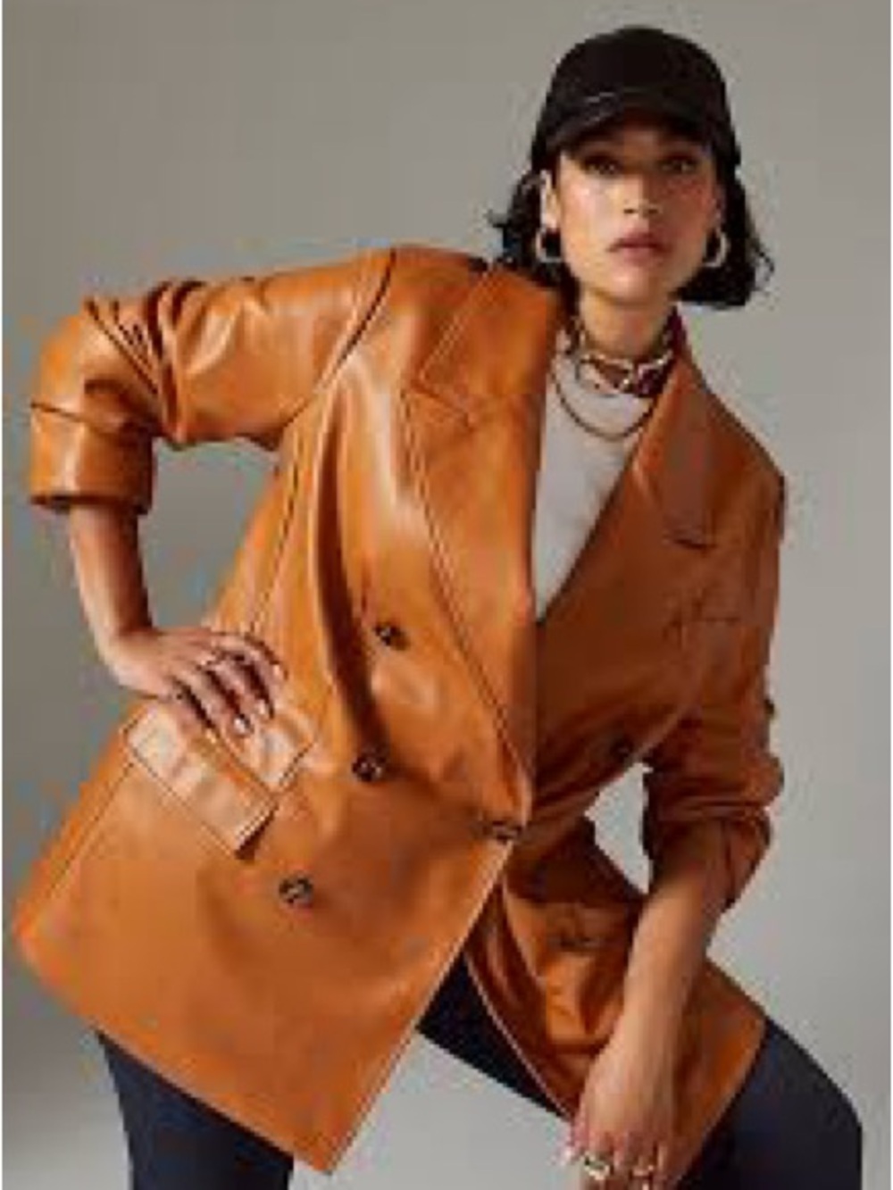 Avec Les Filles Cognac Faux Leather Double-Breasted Blazer